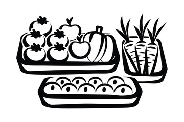 Black and white fruits and vegetables are placed neatly in trays forming a still life