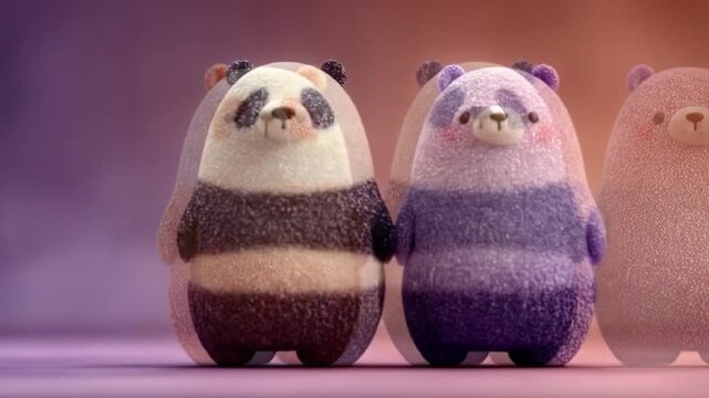 Three cute cartoon pandas in a row with furry texture and colorful design