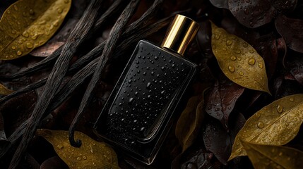 Black perfume bottle on wet leaves with droplets
