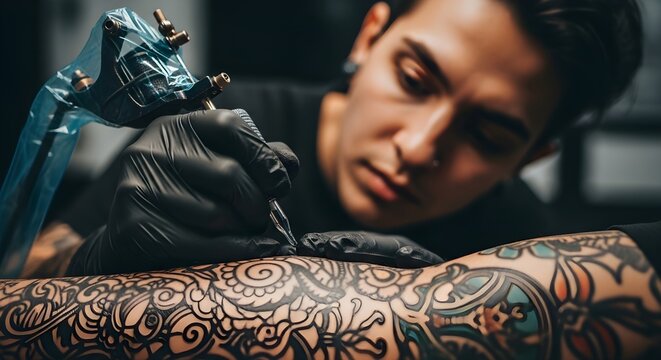 Skilled tattoo artist meticulously crafting intricate body art design on client's arm, showcasing the precision and dedication in the modern tattooing process
