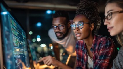 Diverse team collaborates on coding project, analyzing data on a large screen - Powered by Adobe