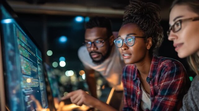 Diverse team collaborates on coding project, analyzing data on a large screen