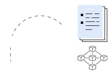 Dashed curved path connecting documents and blockchain diagram, representing data transfer and decentralization. Ideal for technology, innovation, data, workflow, blockchain, compliance, simple flat