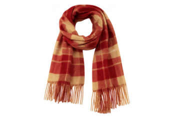 Red plaid wool scarf with tassels, transparent background