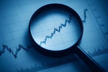 Magnifying glass over financial graph, business research and market analysis concept