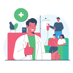 Friendly doctor giving a thumbs up with patients receiving IV therapy vector illustration for healthcare and medical concepts