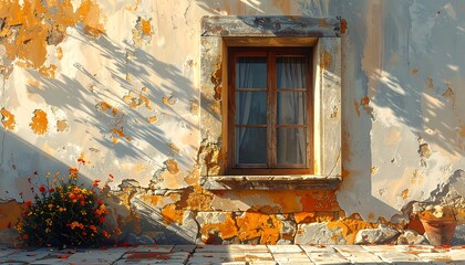 Rustic Window on Weathered Wall with Flowers in Sunlight.