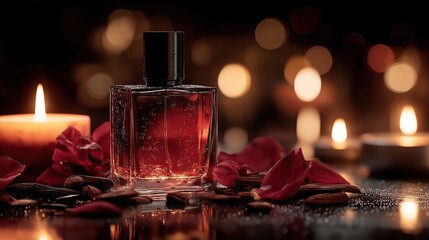 Elegant perfume bottle surrounded by candles and rose petals at night