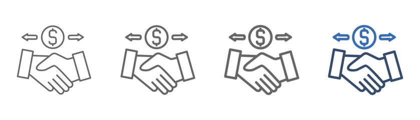 
outline icon sheet with handshake design, left arrow and dollar symbol
