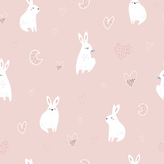 Cute White Bunny Seamless Pattern. Pink and Heart Background