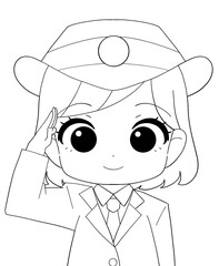 長袖の制服を着た女性駅員のかわいい白黒イラスト