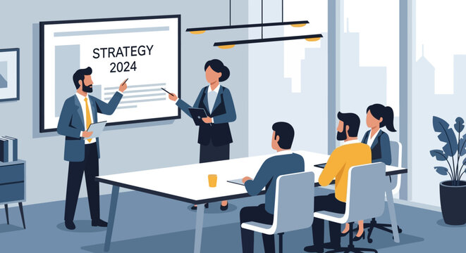 Business Team Discussing Strategy 2024 in Meeting Room.