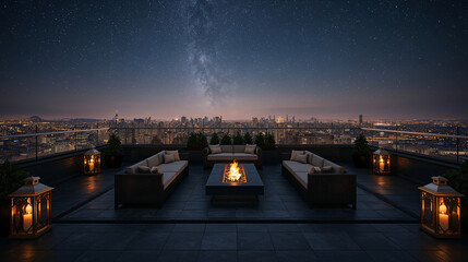 Naklejka premium Luxury rooftop retreat featuring moody black stone warm firelight and luminous stars over city views interior design wallpaper background