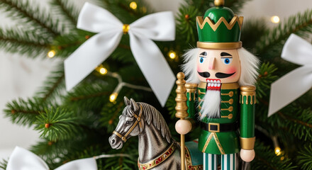 Traditional green nutcracker figurine and metallic horse ornament in front of a decorated christmas tree with white bows and lights