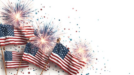 Obraz premium United States Independence Day Flags and Fireworks Isolated on White – 4th of July Mockup