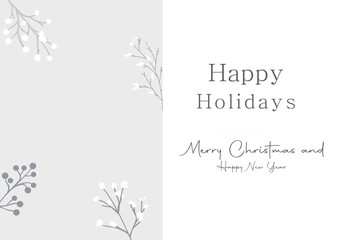 Minimalist Happy Holidays and Merry Christmas greeting card with elegant floral branches on white background