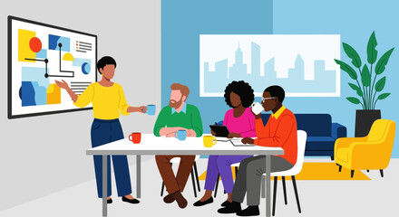 Diverse Team Meeting Around Table with Presentation.