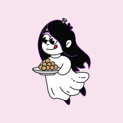 A charming cartoon ghost girl with long dark hair, wearing a white sheet, happily presents a plate of golden-brown food items. Kuntilanak Retro Mascot Character.