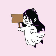A cheerful cartoon ghost character with long dark hair and big eyes, wearing a white sheet, floats while holding an empty wooden sign ready for custom text. Kuntilanak Retro Mascot Character.