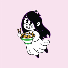 A charming cartoon ghost girl with long dark hair and a cheerful expression, floating while holding a bowl of noodles with chopsticks. Kuntilanak Retro Mascot Character.