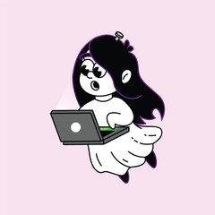 A charming cartoon illustration of a ghost girl engrossed in her laptop, featuring a minimalist design and a touch of whimsy.