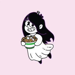 A charming illustration of a ghost girl with long dark hair and glasses, happily holding a bowl of delicious ramen noodles. Kuntilanak Retro Mascot Character.