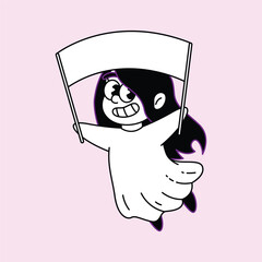 A cheerful cartoon girl with dark hair, wearing a simple white dress, holds a blank white banner aloft, smiling broadly. The background is a soft pink. Kuntilanak Retro Mascot Character.