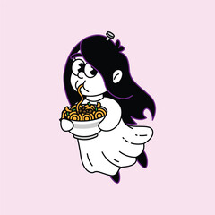 A charming illustration of a ghost girl with long dark hair and glasses, happily eating a bowl of spaghetti with a fork.  Kuntilanak Retro Mascot Character.