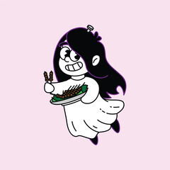 A charming cartoon ghost with a friendly smile, dark hair, and glasses, floating while presenting a delicious plate of satay skewers, rendered in a clean, minimalist style. Kuntilanak Retro Mascot.