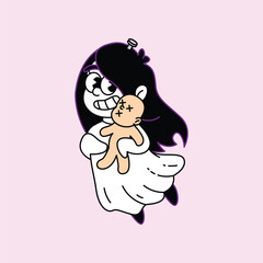 A charming cartoon illustration of a ghost girl with dark hair and a cheerful expression, embracing a small voodoo doll with stitches for eyes, set against a soft pink backdrop. Kuntilanak Retro.