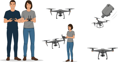 Cartoon People Operating Drones with Controllers, Hovering, Launching, and Flying Actions, Calm Mood, Multi-Scene Technology Series © MDTanvir