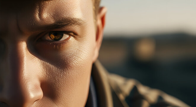 Extreme close-up of a man's intense and focused brown eye showing detailed skin texture - Powered by Adobe