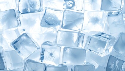 Obraz premium Close-up of scattered, translucent ice cubes, creating a cool, refreshing, and airy aesthetic with a subtle blue hue