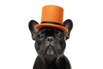 A black French bulldog with an orange top hat against a black background looking upward