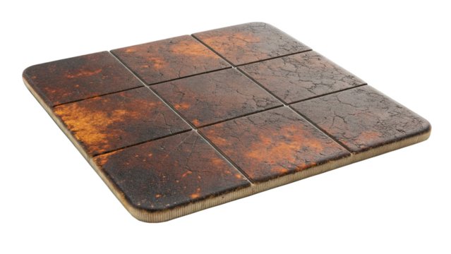A square of nine rustic brown and orange textured tiles, isolated on transparent background