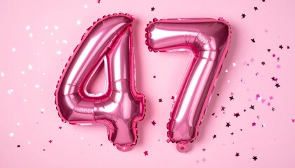 Pink balloon number 47 with confetti on solid colored background. Photo for anniversary or birthday party