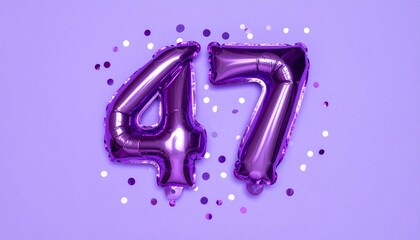 Purple balloon number 47 with confetti on solid colored background. Photo for anniversary or birthday party