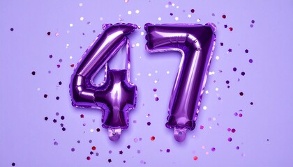 Purple balloon number 47 with confetti on solid colored background. Photo for anniversary or birthday party