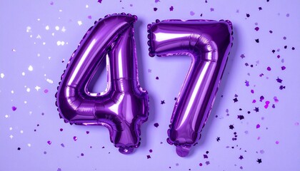 Purple balloon number 47 with confetti on solid colored background. Photo for anniversary or birthday party