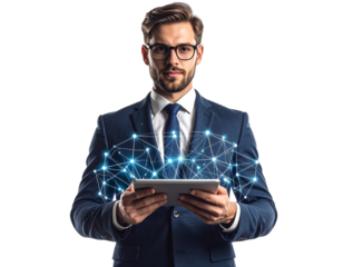 Businessman Using Tablet with Digital Network Overlay, Front View, Isolated on Transparent Background 