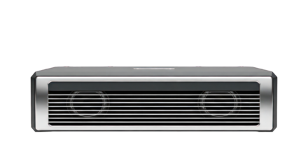 Silver speaker grill with two dark circular speakers on a black background