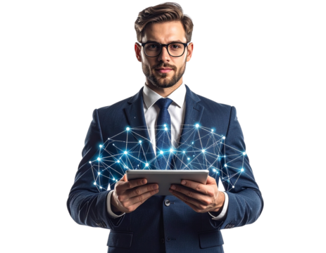 Businessman Using Tablet with Digital Network Overlay, Front View, Isolated on Transparent Background  - Powered by Adobe