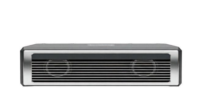 Silver speaker grill with two dark circular speakers on a black background