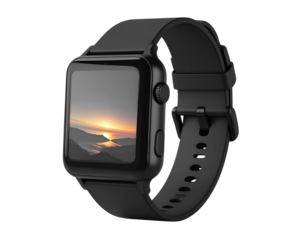 Smartwatch with Black Strap Front View Mockup, Isolated on Transparent Background with Shadow 