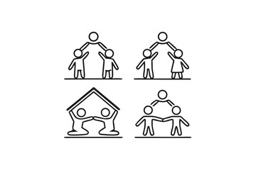 Black outlined family figures collaborate and interact using minimalist shapes on a white backdrop