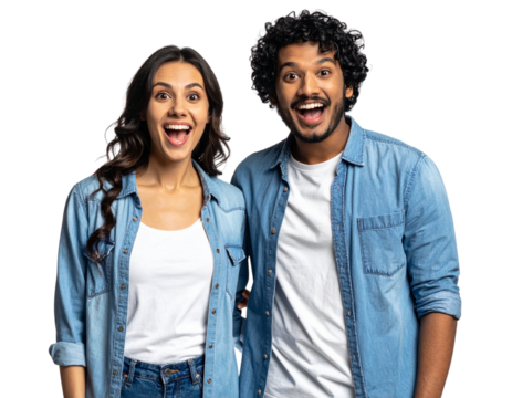 Excited Young Couple Looking Surprised Together, Front View, Isolated on Transparent Background