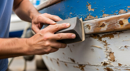 A man's hands meticulously sand an old wooden boat with a sanding block to remove peeling paint