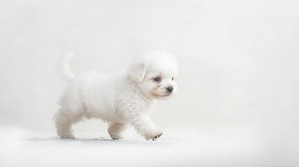 Fototapeta premium White puppy walks on light surface. Background is blurred. Use pet store, veterinary ads