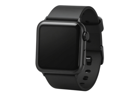 Smartwatch with Black Strap Front View Mockup, Isolated on Transparent Background with Shadow 