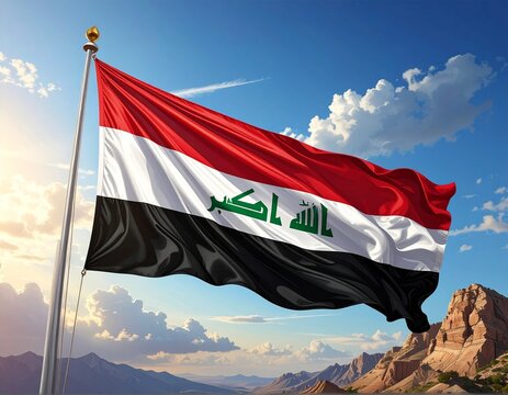 "Iraqi flag waving at sunset over mountains, symbolizing pride and resilience."